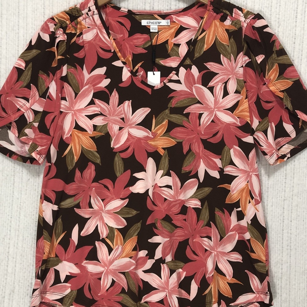 Chico's Tessa Petal Silk V-Neck Top Cacao Pink Floral 570394066 Size 1 M